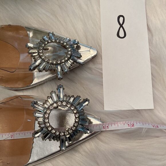 Vinyl Clear Silver Rhinestone Pointed Toe Kitten Heel Slingback Sandals Shoes - Picture 11 of 13